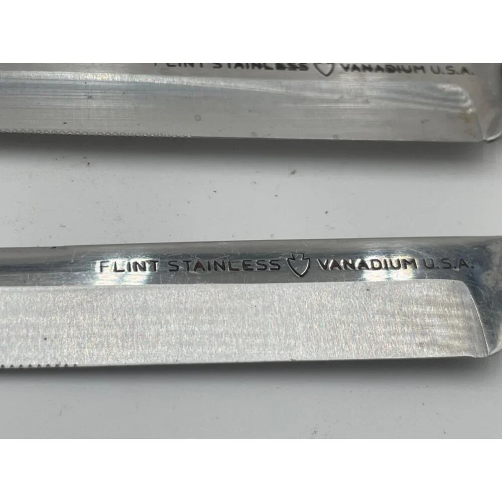 Vintage Flint Stainless Steel Steak Knife Set With Wood Block Holder